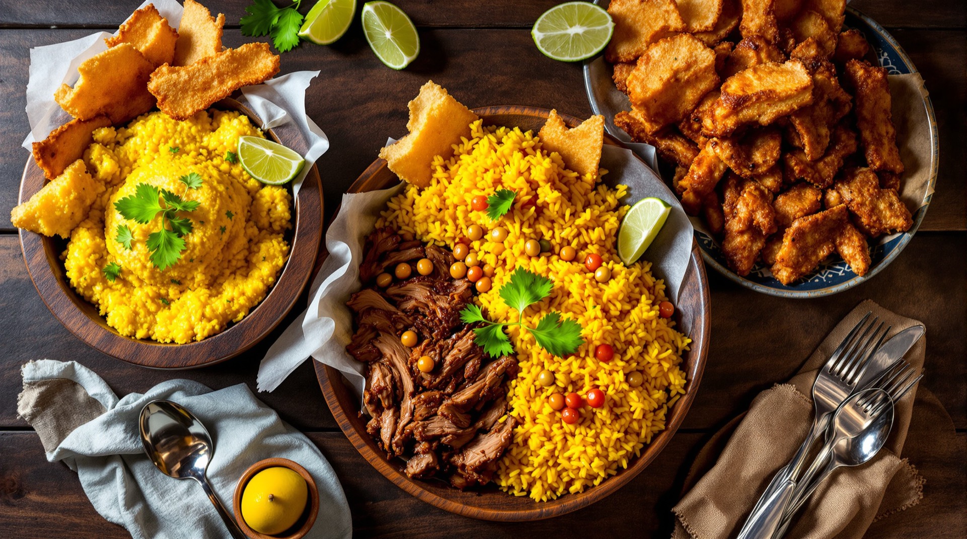 Puerto Rican feast with mofongo, tostones, arroz con gandules and pernil at La Isla Cuisine